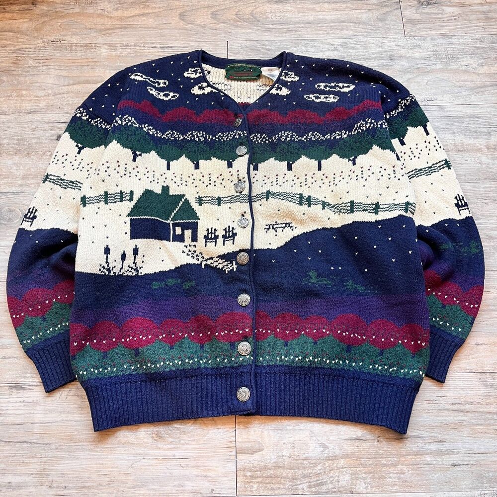 Vintage Northern Reflections Canada Cottage Scene Cardigan Medium Grandma Baggy